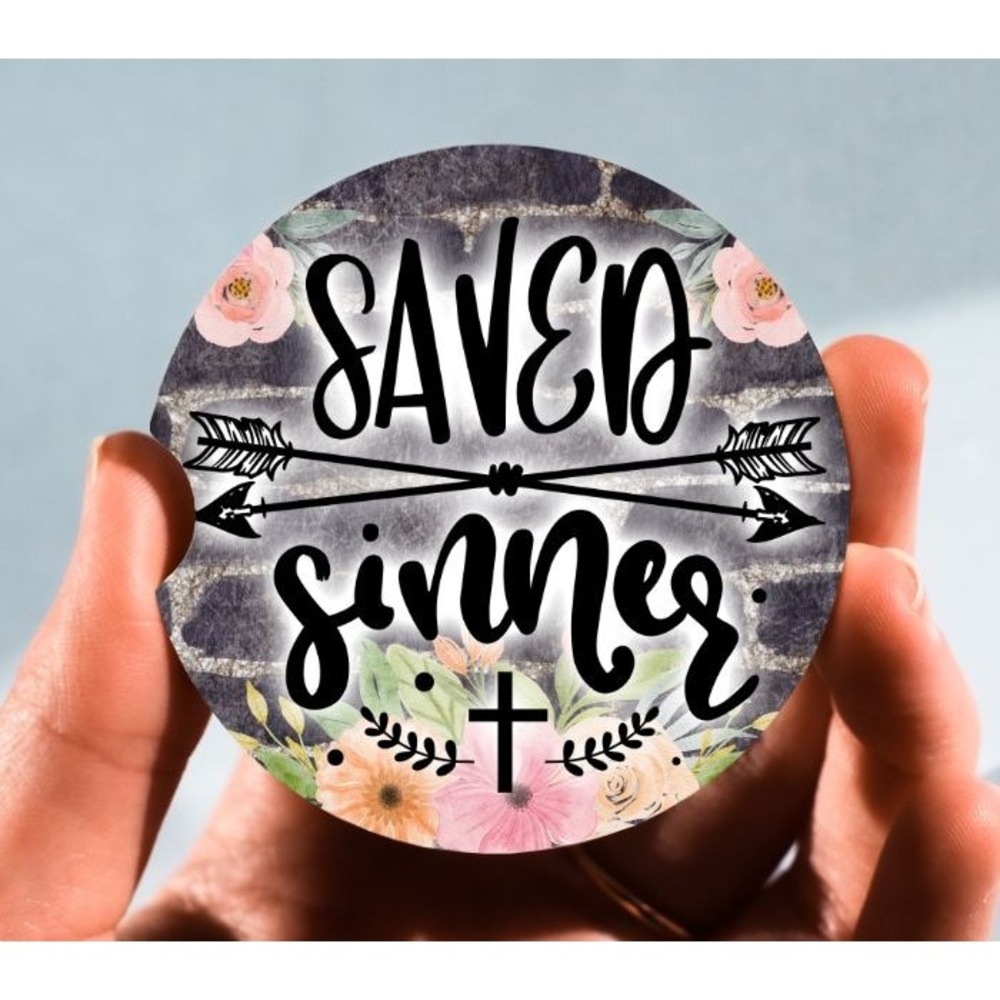 Set of‎ 2 Car Coasters, Saved Sinner Car Coaster, Neoprene Car Coaster